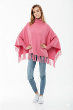 Winter Fleece Poncho with High Neck, Tassel Design & Adjustable Short Sleeves